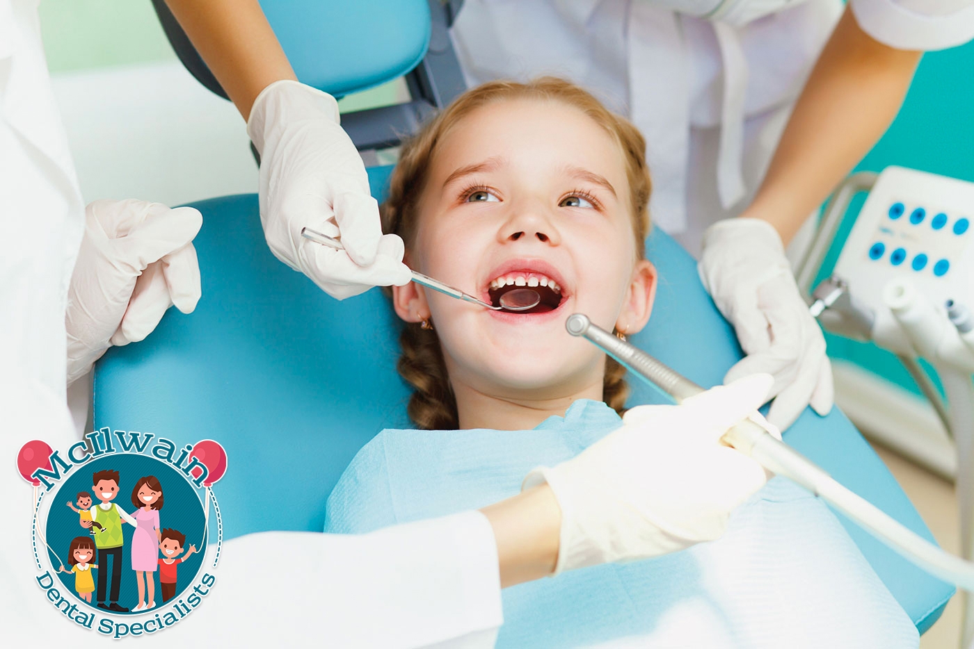 Young patient sitting in a dental chair with dental equipment next to a logo of McIlwain Dental Specialists.