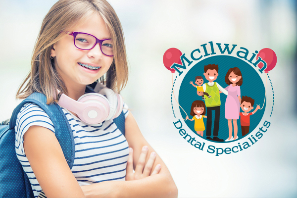 Young girl with glasses and braces wearing headphones around her neck next to a logo of McIlwain Dental Specialists.